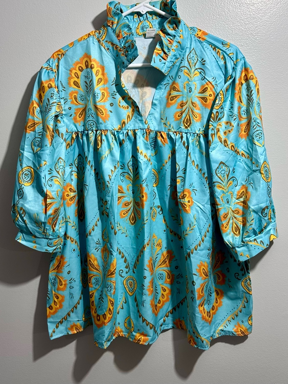 Turquoise & Mustard Paisley Peasant Blouse Size 1X (1279)